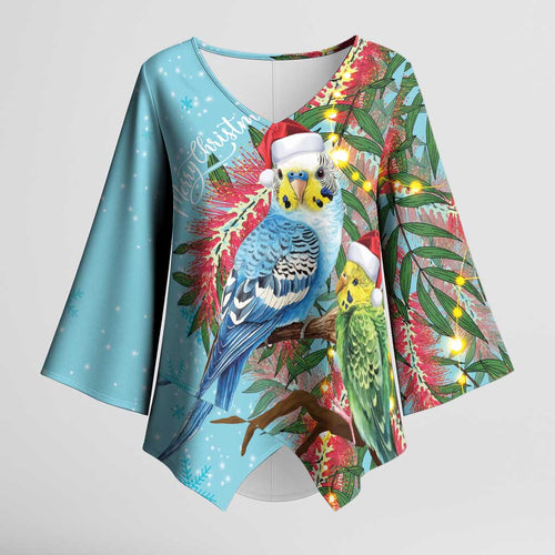 Blue Budgies on Callistemon Kimono Sleeve Blouse Merry Christmas Aussie - Aussie Hoodie