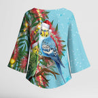 Blue Budgies on Callistemon Kimono Sleeve Blouse Merry Christmas Aussie - Aussie Hoodie