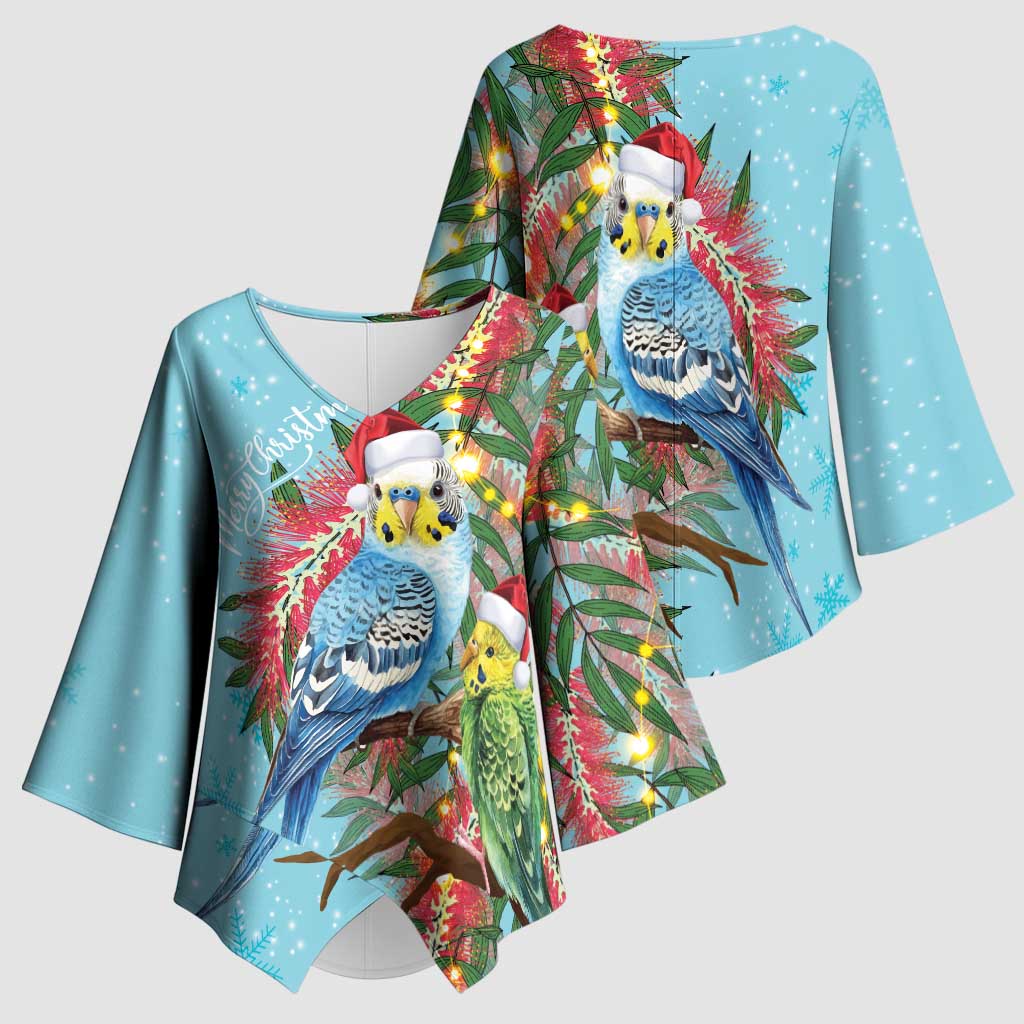 Blue Budgies on Callistemon Kimono Sleeve Blouse Merry Christmas Aussie - Aussie Hoodie