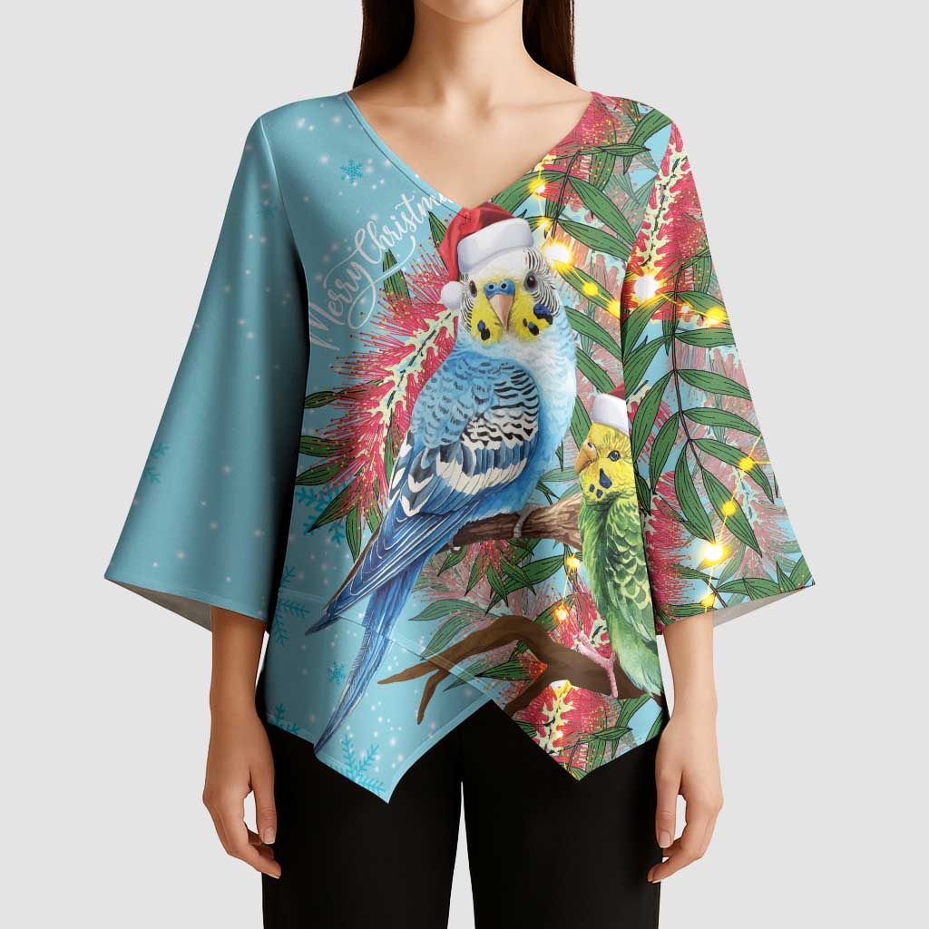 Blue Budgies on Callistemon Kimono Sleeve Blouse Merry Christmas Aussie - Aussie Hoodie