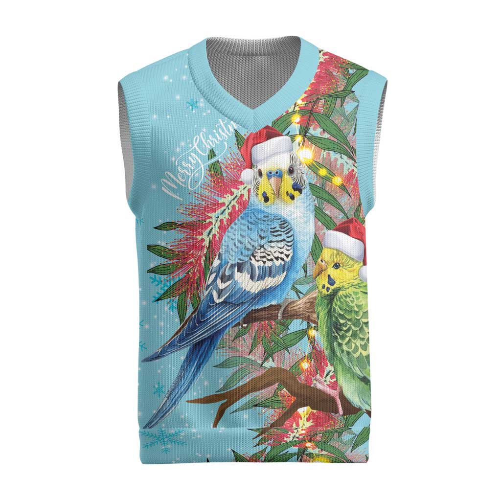 Blue Budgies on Callistemon Christmas Knitted V-Neck Vest Merry Christmas Aussie - Aussie Hoodie
