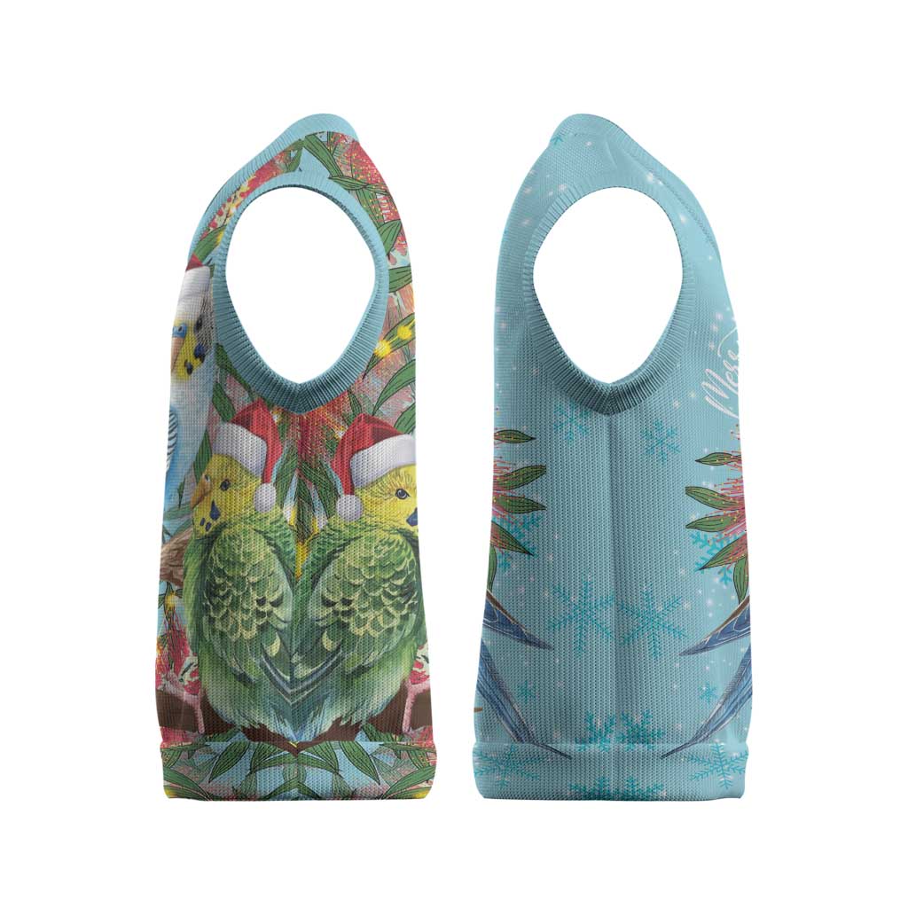 Blue Budgies on Callistemon Christmas Knitted V-Neck Vest Merry Christmas Aussie - Aussie Hoodie