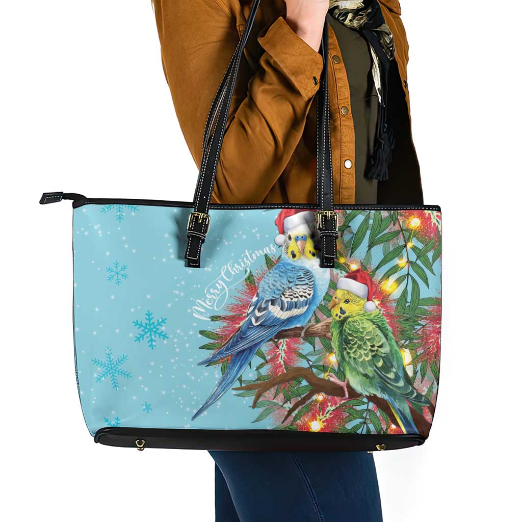 Blue Budgies on Callistemon Leather Tote Bag Merry Christmas Aussie - Aussie Hoodie