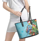Blue Budgies on Callistemon Leather Tote Bag Merry Christmas Aussie - Aussie Hoodie