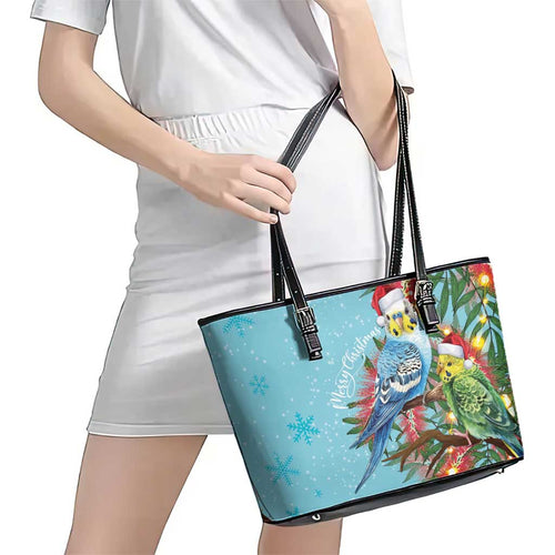Blue Budgies on Callistemon Leather Tote Bag Merry Christmas Aussie - Aussie Hoodie