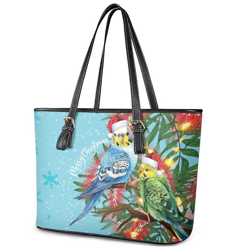 Blue Budgies on Callistemon Leather Tote Bag Merry Christmas Aussie - Aussie Hoodie