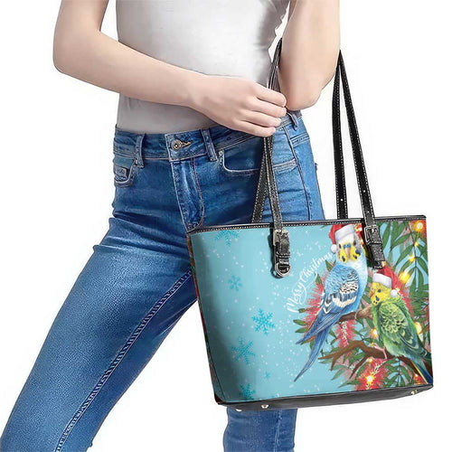 Blue Budgies on Callistemon Leather Tote Bag Merry Christmas Aussie - Aussie Hoodie