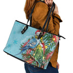 Blue Budgies on Callistemon Leather Tote Bag Merry Christmas Aussie - Aussie Hoodie