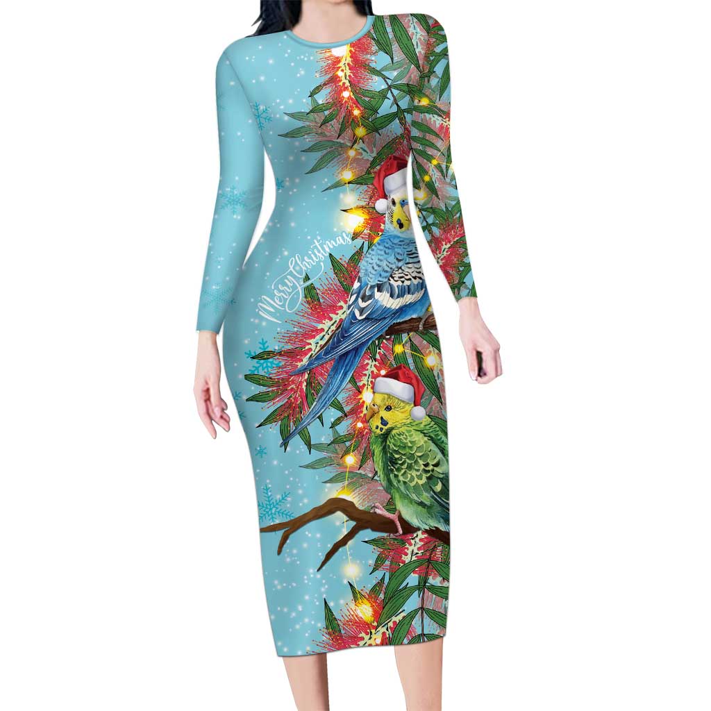 Blue Budgies on Callistemon Long Sleeve Bodycon Dress Merry Christmas Aussie - Aussie Hoodie