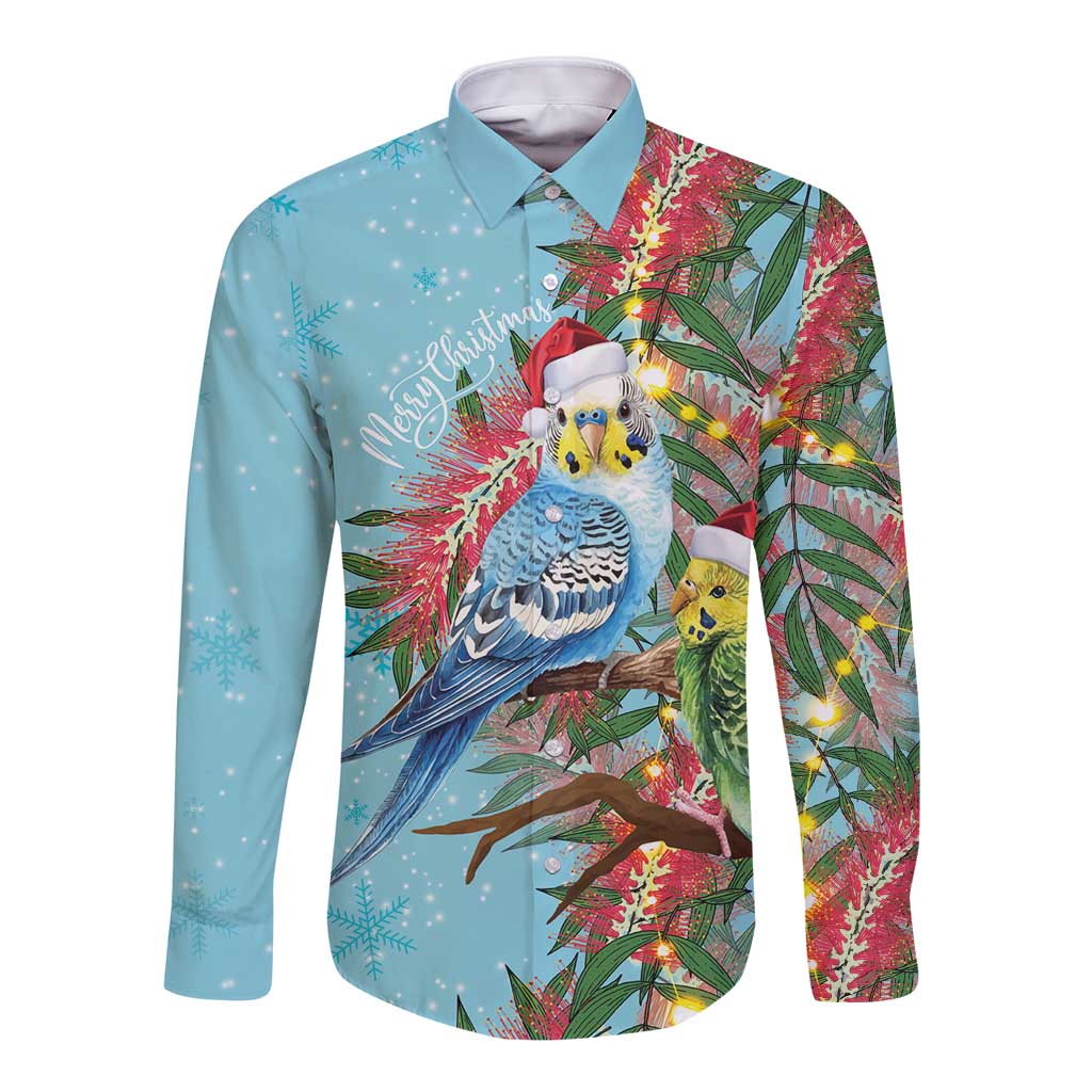 Blue Budgies on Callistemon Long Sleeve Button Shirt Merry Christmas Aussie - Aussie Hoodie