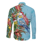 Blue Budgies on Callistemon Long Sleeve Button Shirt Merry Christmas Aussie - Aussie Hoodie
