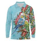 Blue Budgies on Callistemon Long Sleeve Polo Shirt Merry Christmas Aussie - Aussie Hoodie