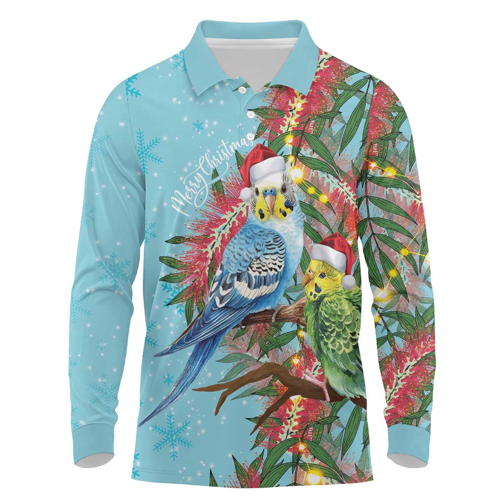 Blue Budgies on Callistemon Long Sleeve Polo Shirt Merry Christmas Aussie - Aussie Hoodie