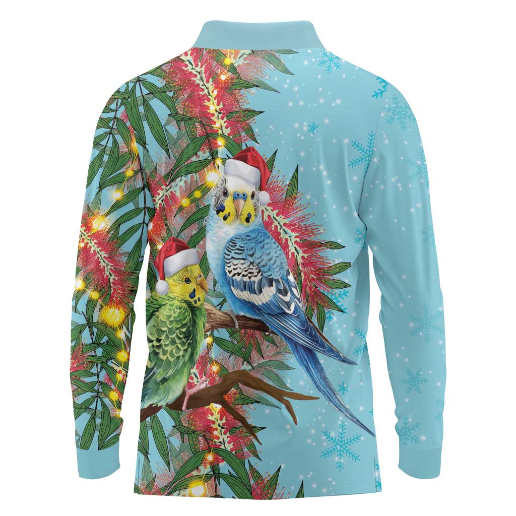 Blue Budgies on Callistemon Long Sleeve Polo Shirt Merry Christmas Aussie - Aussie Hoodie