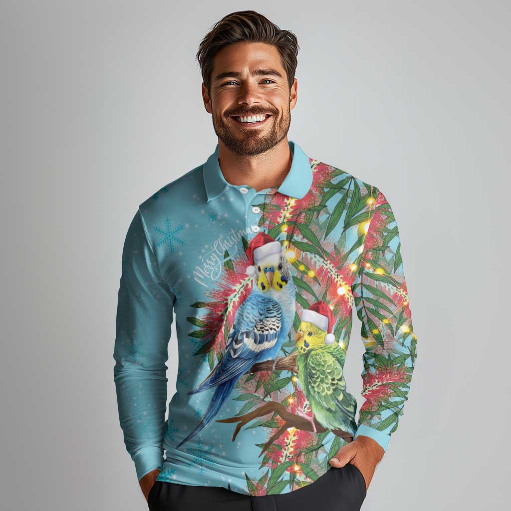 Blue Budgies on Callistemon Long Sleeve Polo Shirt Merry Christmas Aussie - Aussie Hoodie