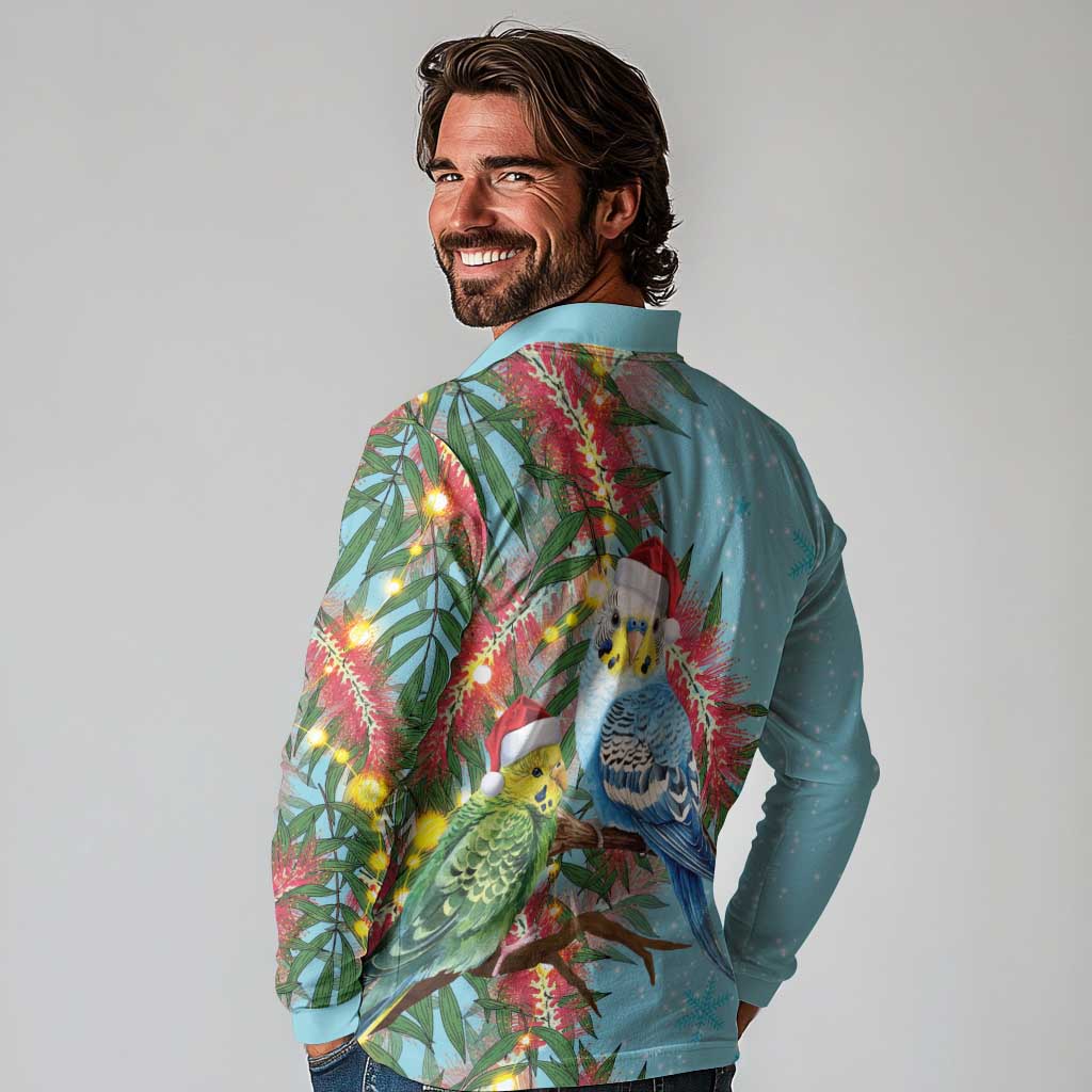 Blue Budgies on Callistemon Long Sleeve Polo Shirt Merry Christmas Aussie - Aussie Hoodie