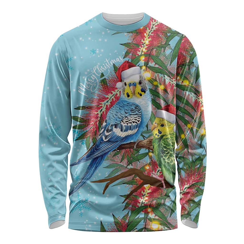 Blue Budgies on Callistemon Long Sleeve Shirt Merry Christmas Aussie - Aussie Hoodie