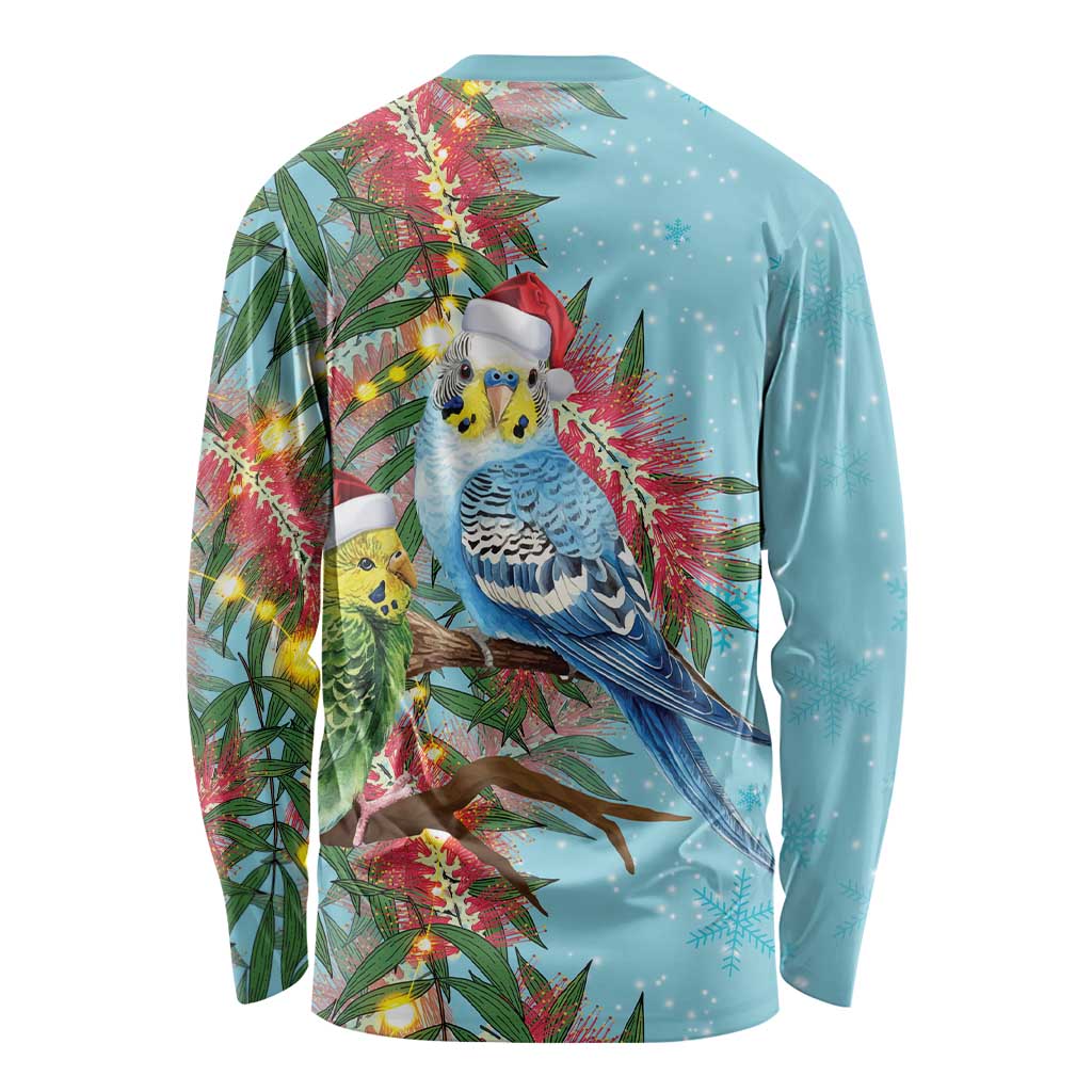 Blue Budgies on Callistemon Long Sleeve Shirt Merry Christmas Aussie - Aussie Hoodie