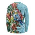Blue Budgies on Callistemon Long Sleeve Shirt Merry Christmas Aussie - Aussie Hoodie