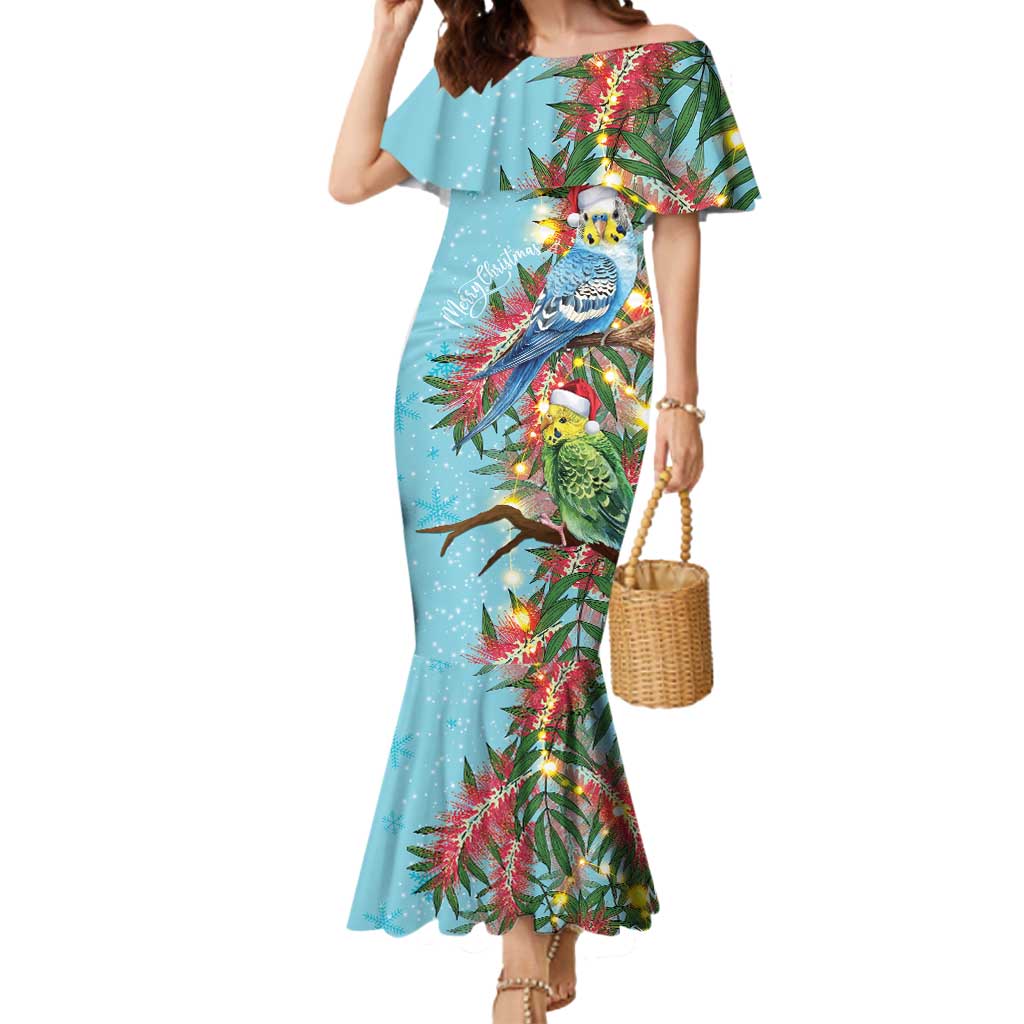 Blue Budgies on Callistemon Mermaid Dress Merry Christmas Aussie - Aussie Hoodie