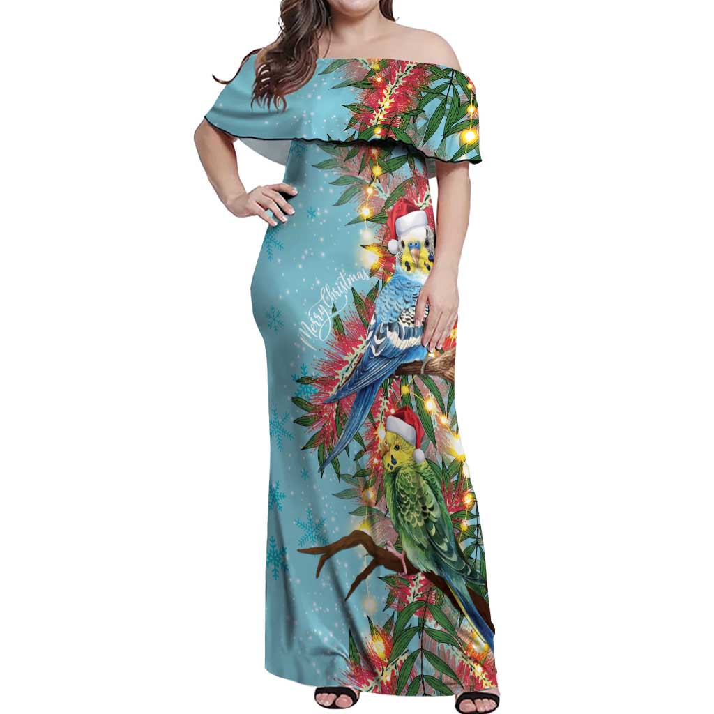 Blue Budgies on Callistemon Off Shoulder Maxi Dress Merry Christmas Aussie - Aussie Hoodie