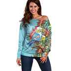 Blue Budgies on Callistemon Off Shoulder Sweater Merry Christmas Aussie - Aussie Hoodie