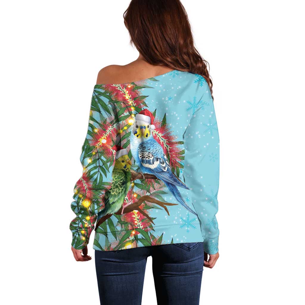 Blue Budgies on Callistemon Off Shoulder Sweater Merry Christmas Aussie - Aussie Hoodie