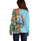 Blue Budgies on Callistemon Off Shoulder Sweater Merry Christmas Aussie - Aussie Hoodie