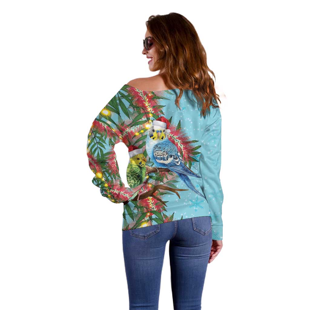 Blue Budgies on Callistemon Off Shoulder Sweater Merry Christmas Aussie - Aussie Hoodie