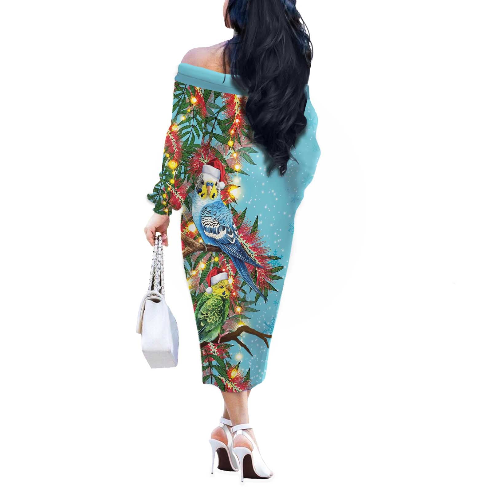 Blue Budgies on Callistemon Off The Shoulder Long Sleeve Dress Merry Christmas Aussie - Aussie Hoodie