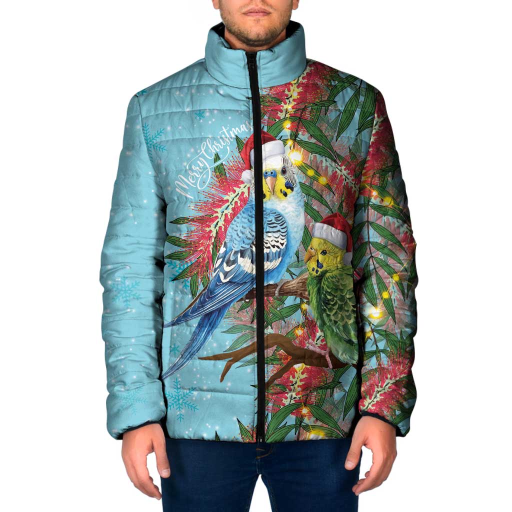 Blue Budgies on Callistemon Padded Jacket Merry Christmas Aussie - Aussie Hoodie