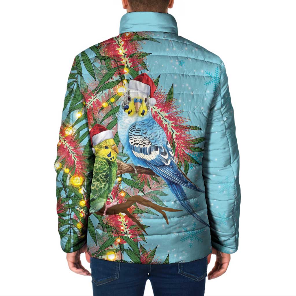 Blue Budgies on Callistemon Padded Jacket Merry Christmas Aussie - Aussie Hoodie