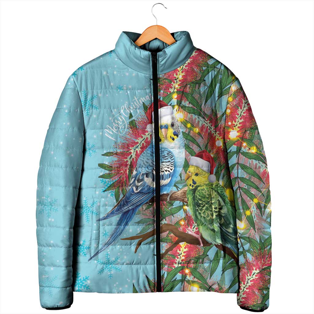 Blue Budgies on Callistemon Padded Jacket Merry Christmas Aussie - Aussie Hoodie