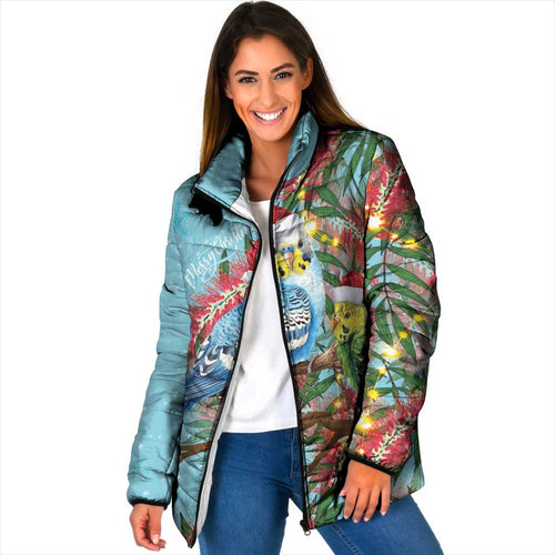 Blue Budgies on Callistemon Padded Jacket Merry Christmas Aussie - Aussie Hoodie