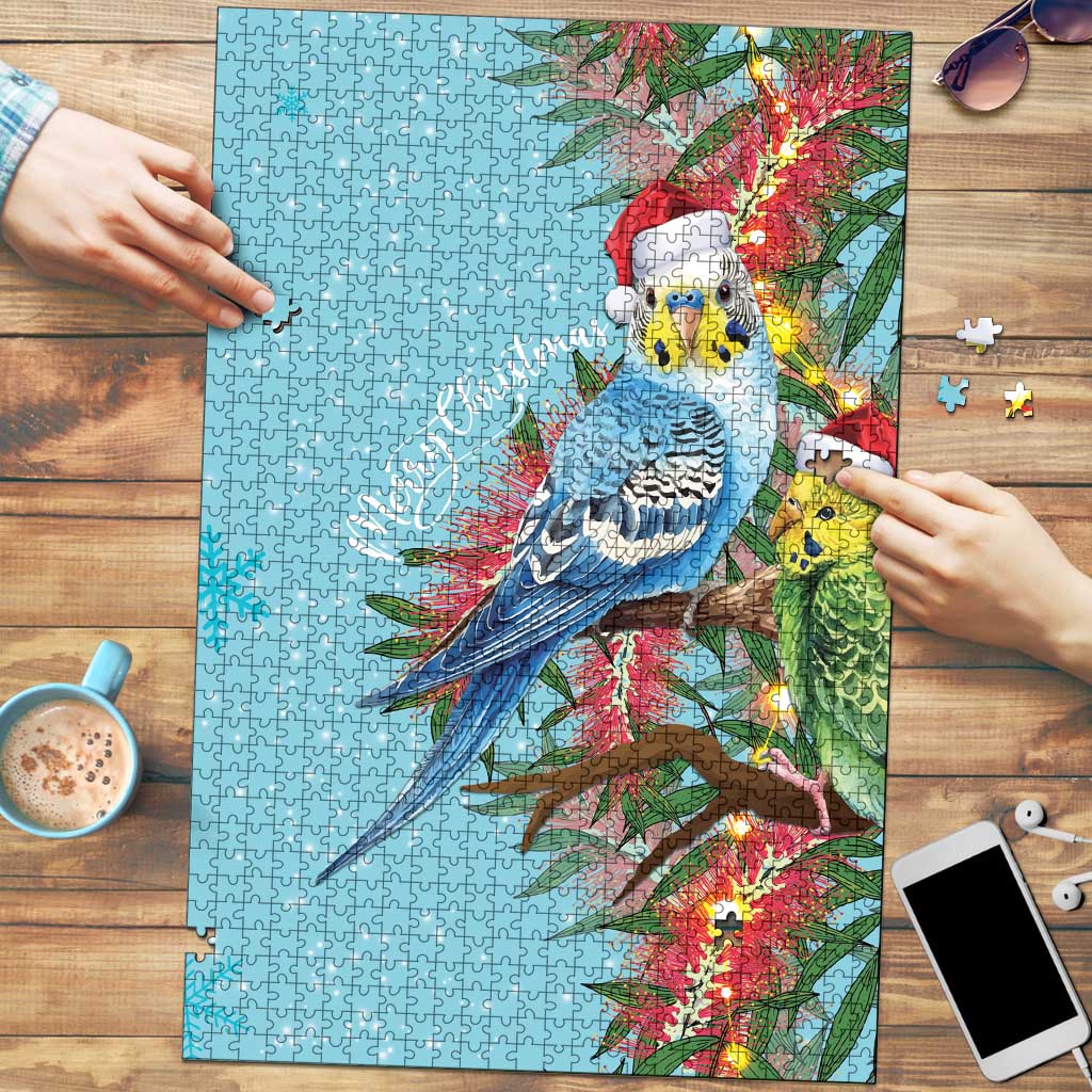 Blue Budgies on Callistemon Puzzle Merry Christmas Aussie - Aussie Hoodie