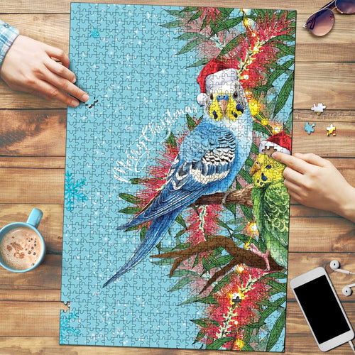 Blue Budgies on Callistemon Puzzle Merry Christmas Aussie - Aussie Hoodie