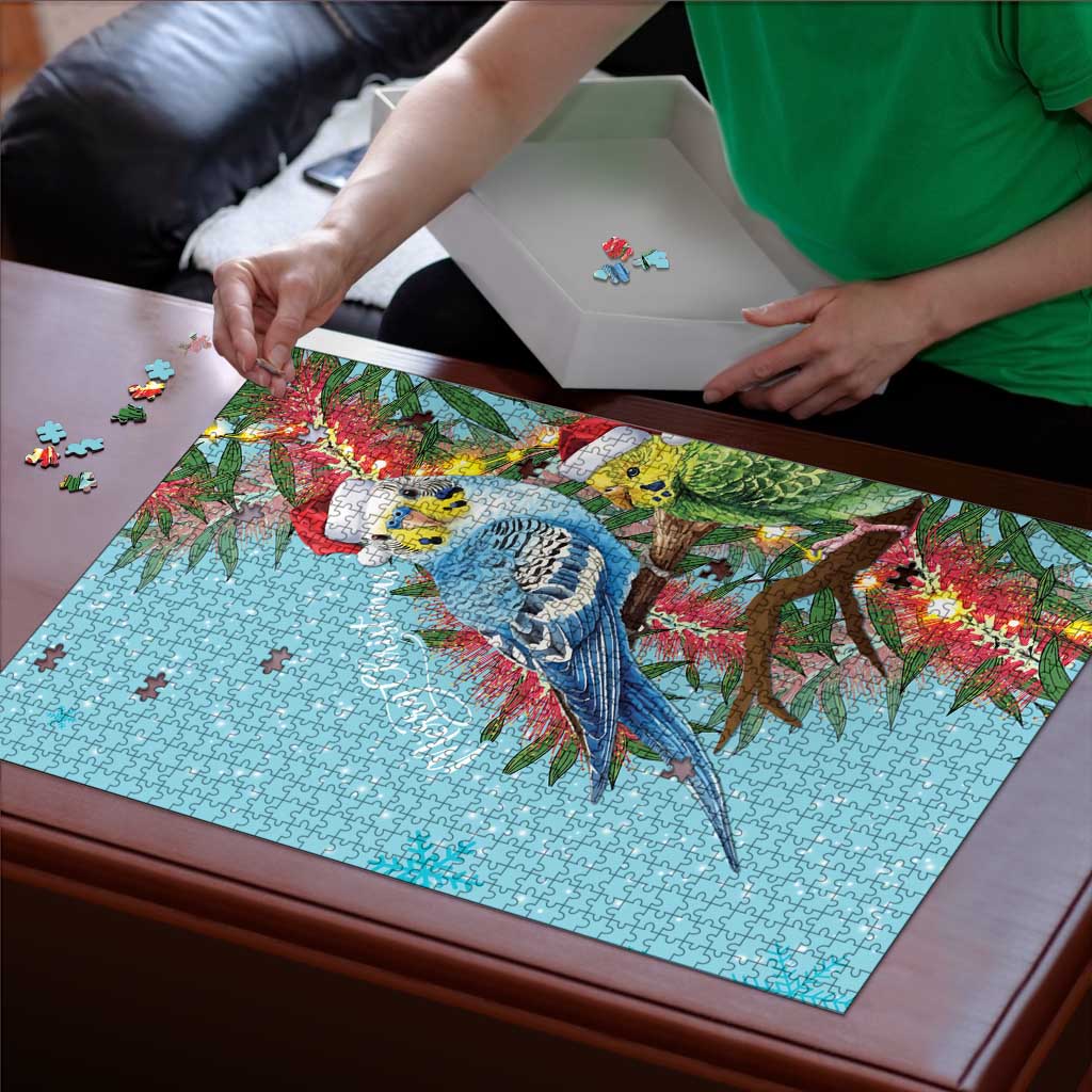 Blue Budgies on Callistemon Puzzle Merry Christmas Aussie - Aussie Hoodie