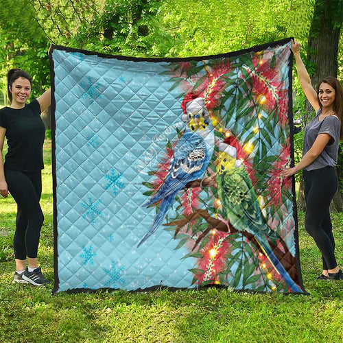 Blue Budgies on Callistemon Quilt Merry Christmas Aussie - Aussie Hoodie
