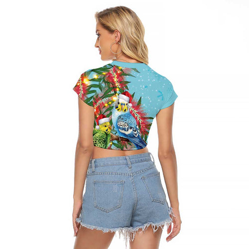 Blue Budgies on Callistemon Raglan Cropped T Shirt Merry Christmas Aussie - Aussie Hoodie