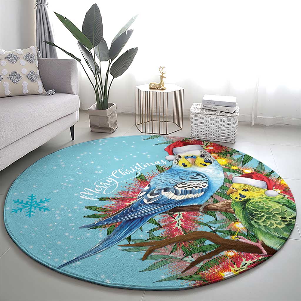 Blue Budgies on Callistemon Round Carpet Merry Christmas Aussie - Aussie Hoodie