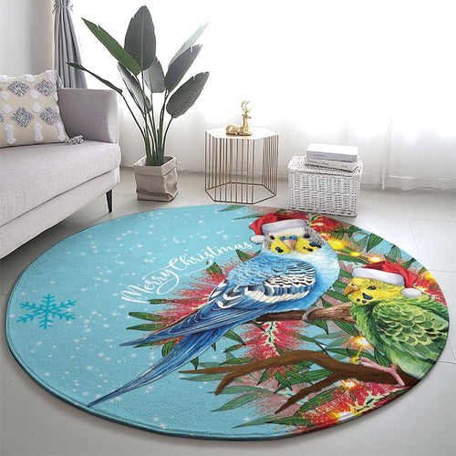 Blue Budgies on Callistemon Round Carpet Merry Christmas Aussie - Aussie Hoodie