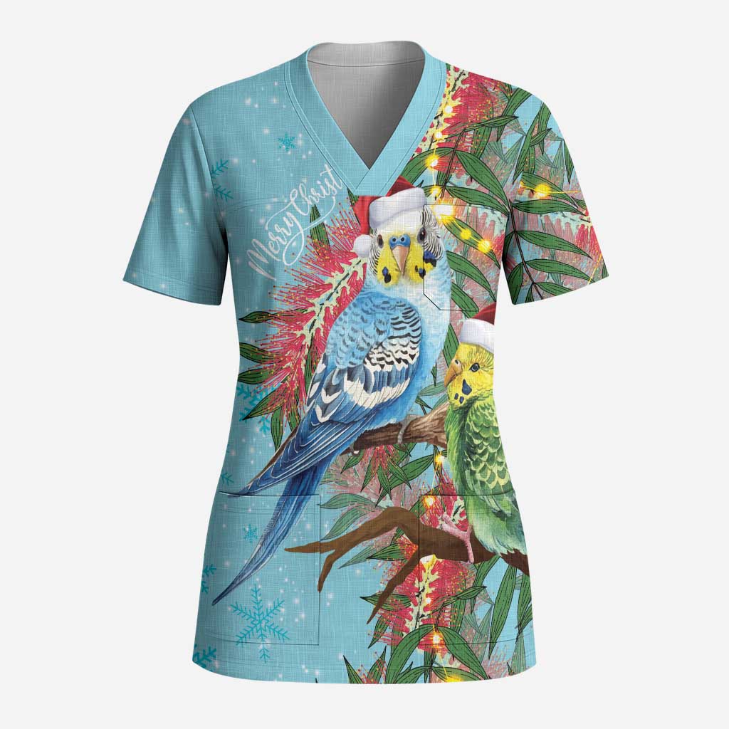 Blue Budgies on Callistemon Scrub Top Merry Christmas Aussie - Aussie Hoodie