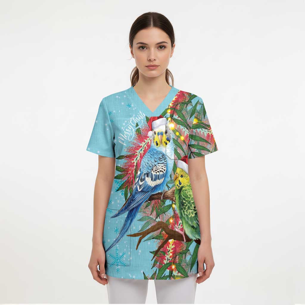 Blue Budgies on Callistemon Scrub Top Merry Christmas Aussie - Aussie Hoodie