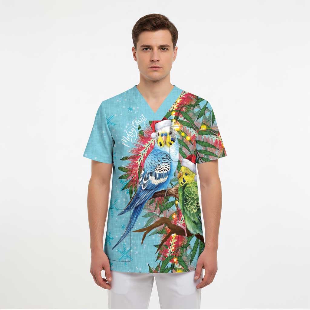 Blue Budgies on Callistemon Scrub Top Merry Christmas Aussie - Aussie Hoodie