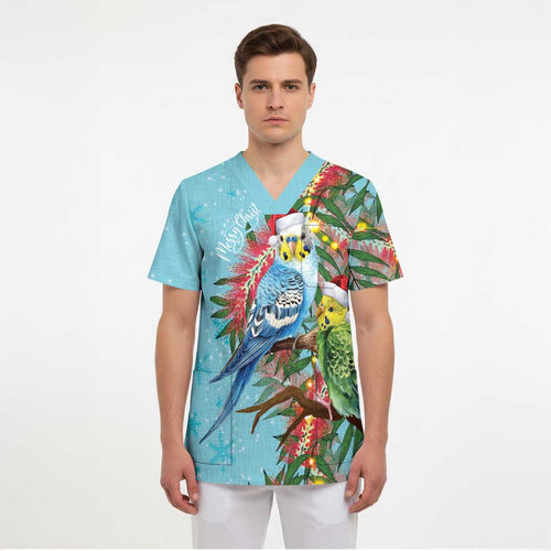 Blue Budgies on Callistemon Scrub Top Merry Christmas Aussie - Aussie Hoodie