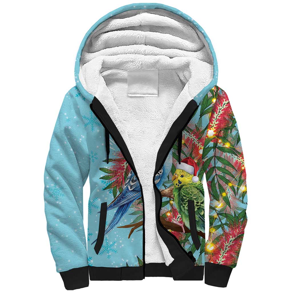Blue Budgies on Callistemon Sherpa Hoodie Merry Christmas Aussie - Aussie Hoodie