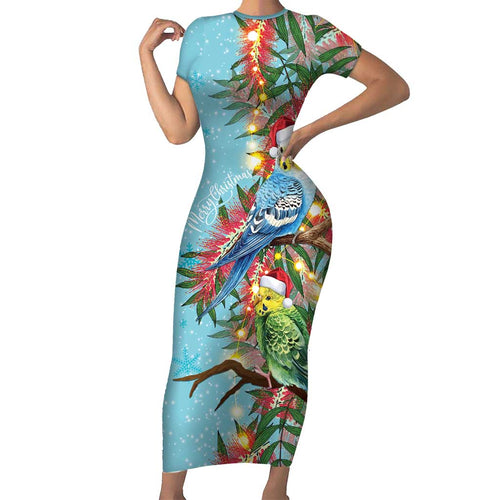 Blue Budgies on Callistemon Short Sleeve Bodycon Dress Merry Christmas Aussie - Aussie Hoodie