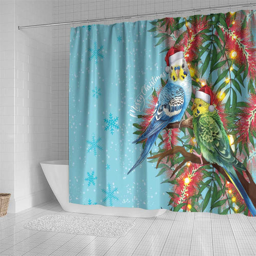 Blue Budgies on Callistemon Shower Curtain Merry Christmas Aussie - Aussie Hoodie
