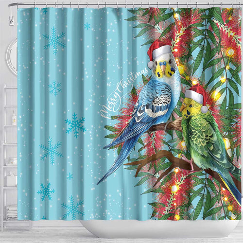 Blue Budgies on Callistemon Shower Curtain Merry Christmas Aussie - Aussie Hoodie