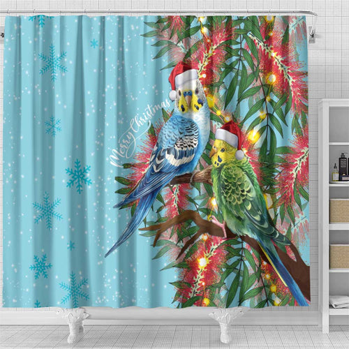 Blue Budgies on Callistemon Shower Curtain Merry Christmas Aussie - Aussie Hoodie